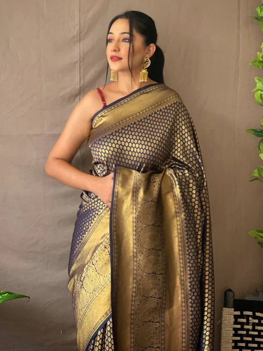 Pretty Navy-Blue Jacquard Kanjeevaram Silk Wedding Saree With Blouse