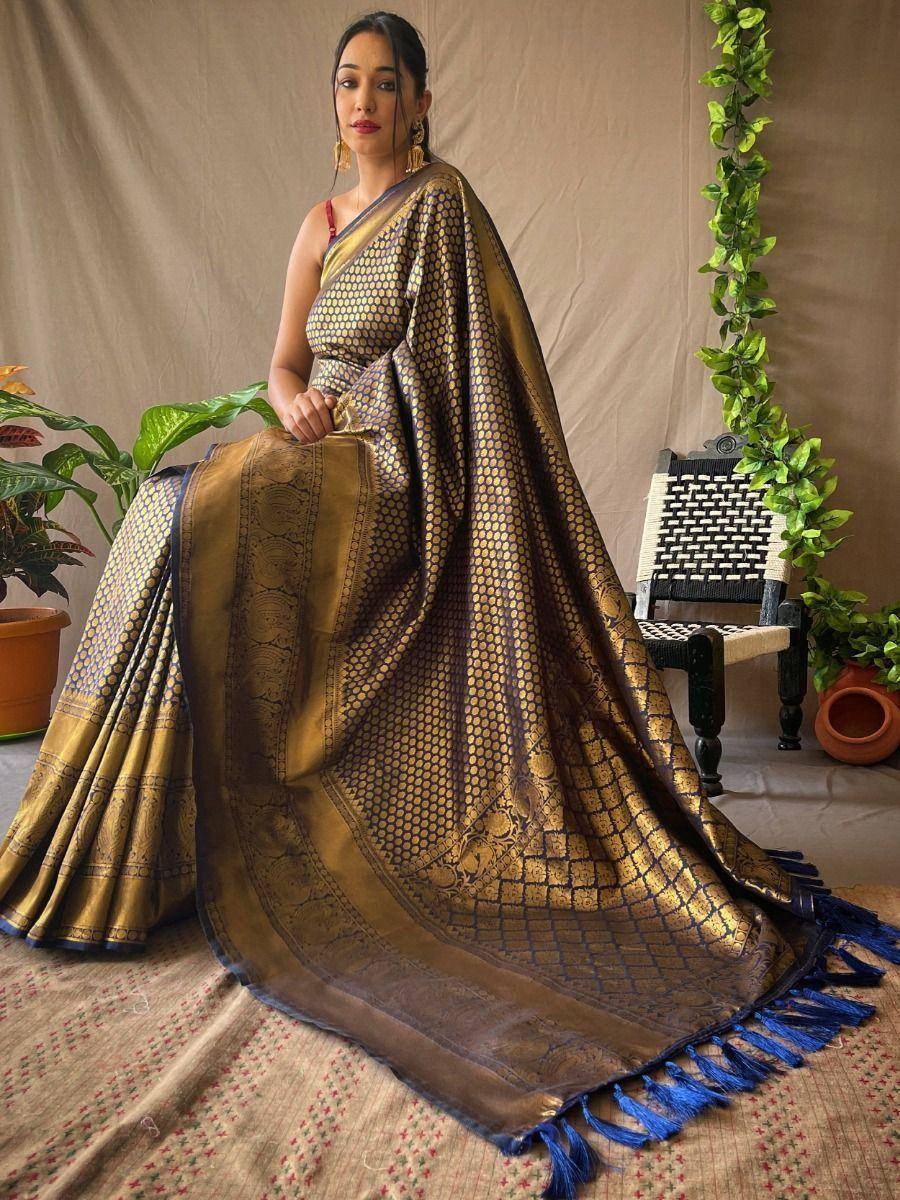 Pretty Navy-Blue Jacquard Kanjeevaram Silk Wedding Saree With Blouse