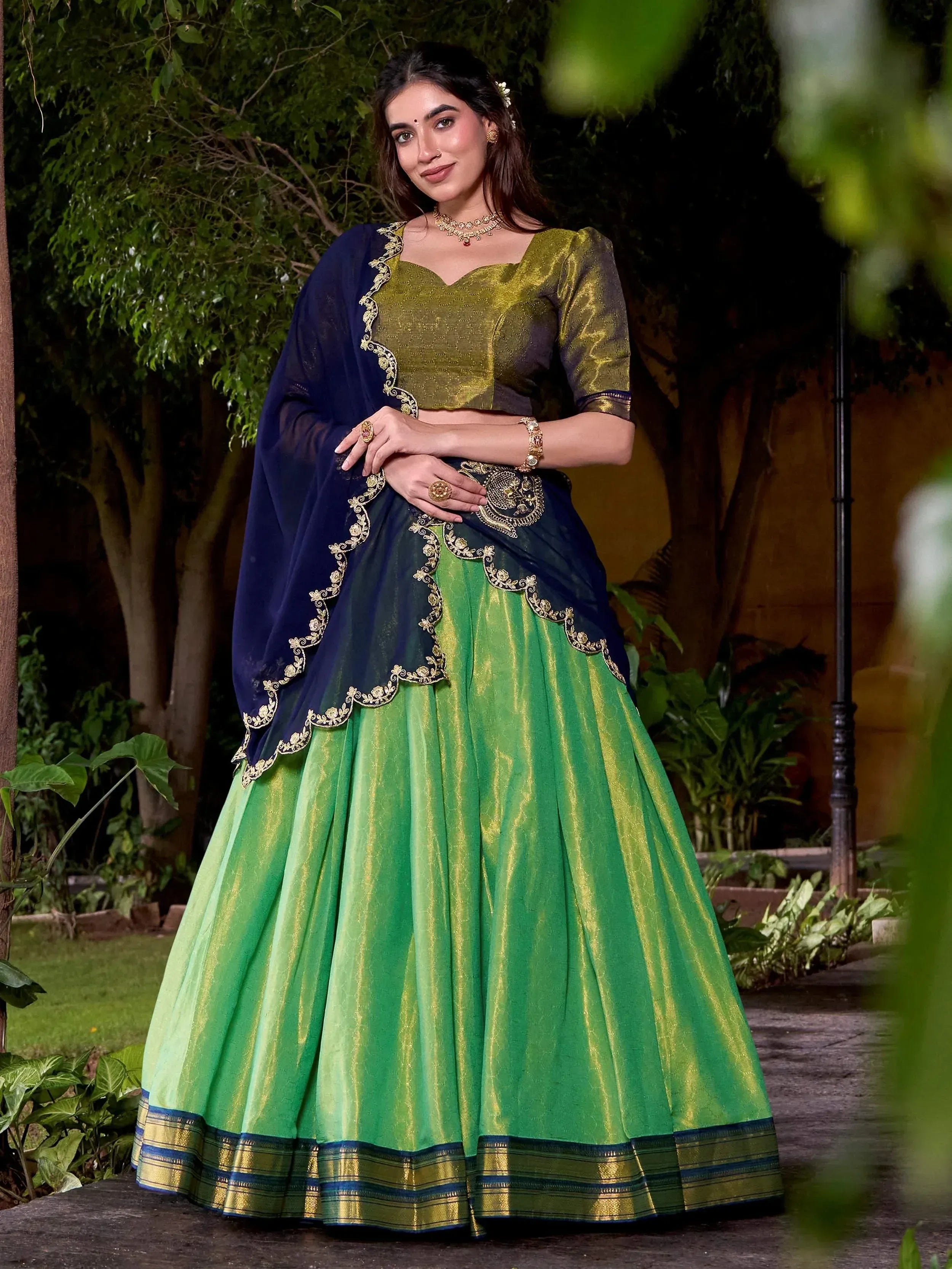 Green and blue designer lehenga choli with gold embroidery for ethnic wear