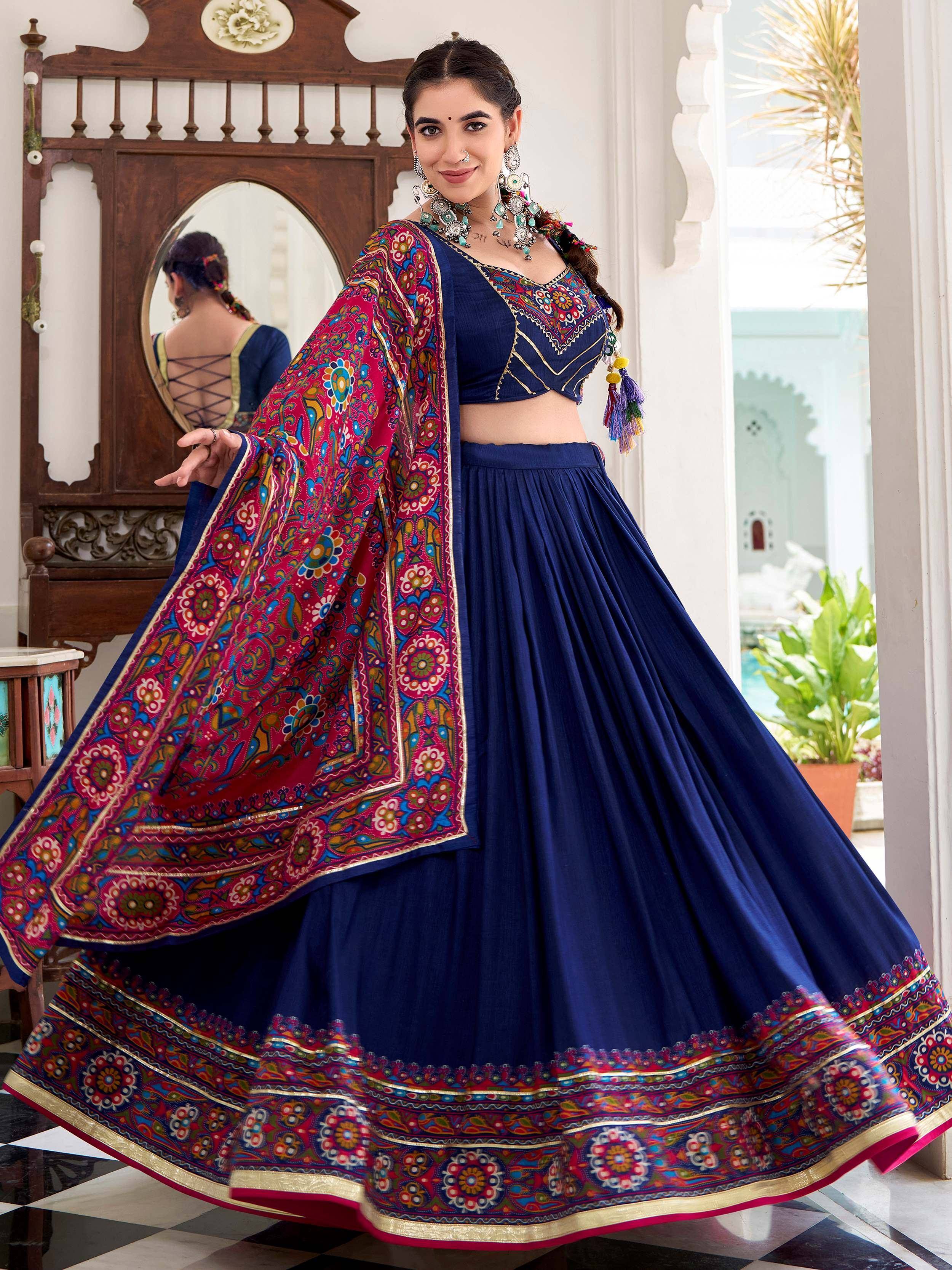 Navy blue embroidered lehenga choli with colorful printed dupatta, Indian ethnic wear
