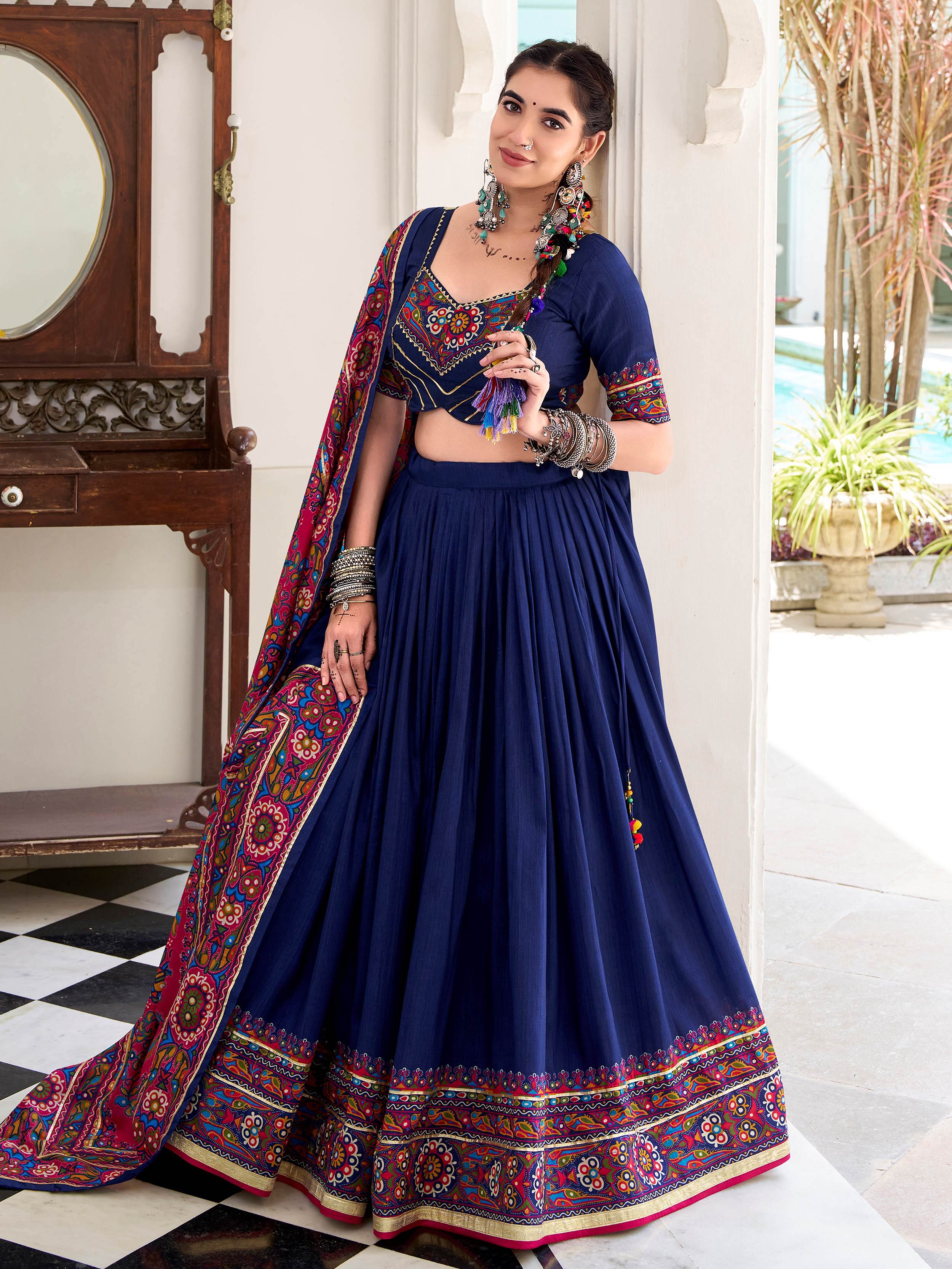 Astonishing Navy Blue Gamthi Print Silk Traditional Lehenga Choli