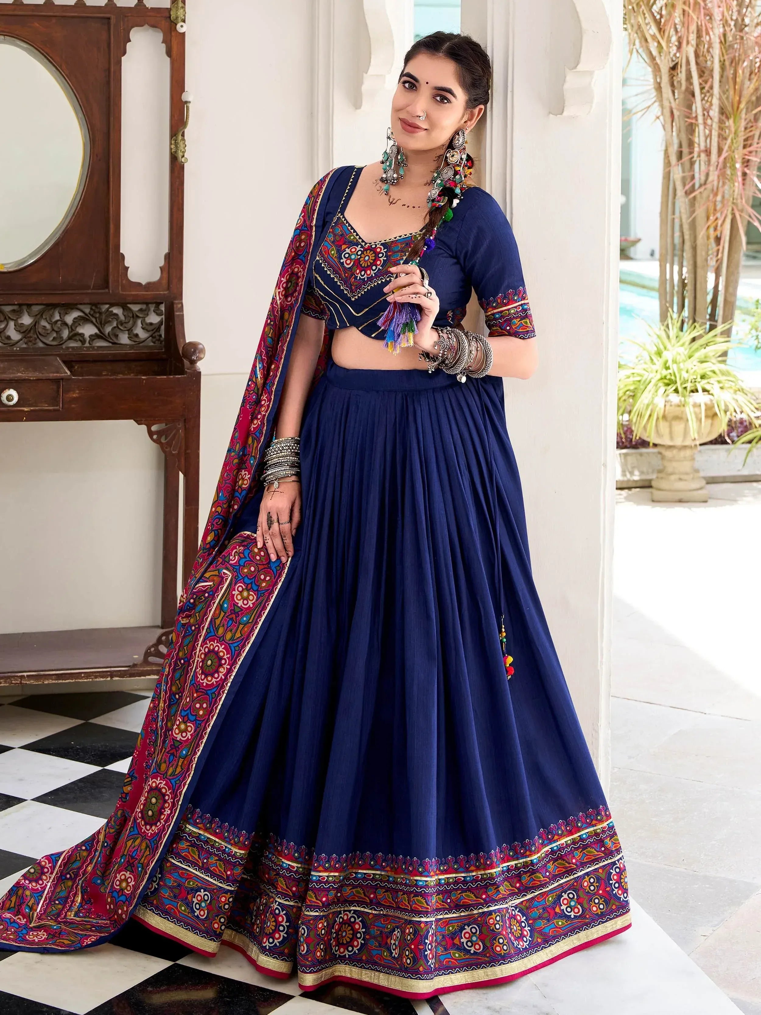 Navy blue embroidered lehenga choli with colorful dupatta, Indian ethnic wear for women