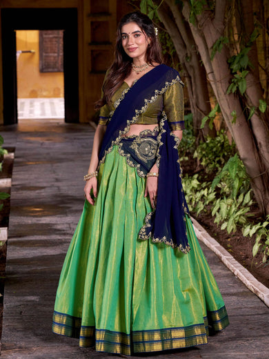 Magnetic Green Kanchipuram Silk Zari Weaving Half Saree Lehenga