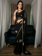 Gorgeous Black Embroidered Georgette Party Wear Saree With Blouse