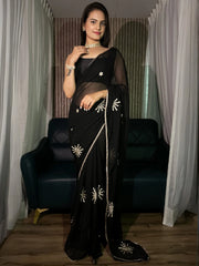Gorgeous Black Embroidered Georgette Party Wear Saree With Blouse