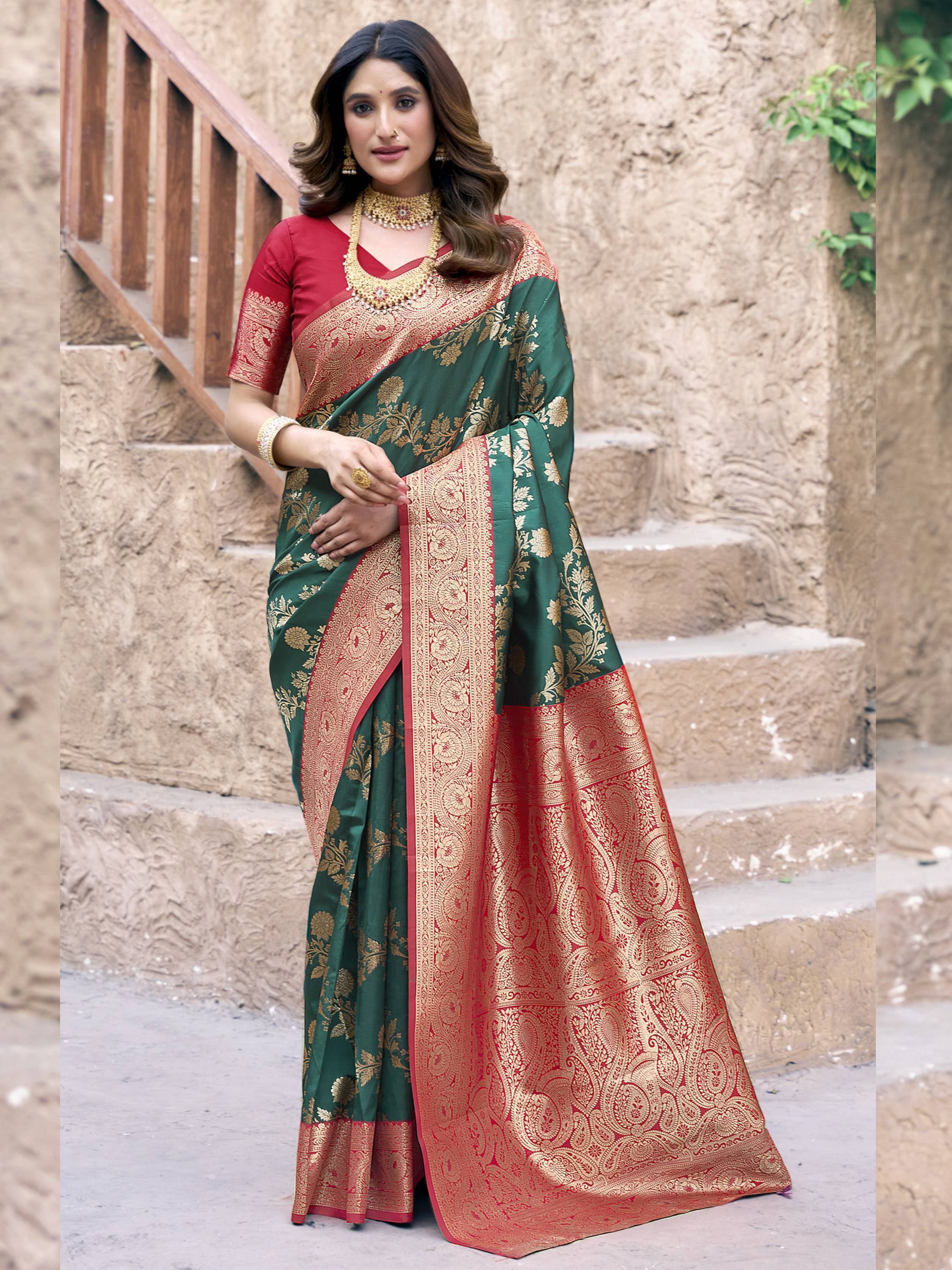 Green and red designer saree with gold floral embroidery and border, paired with matching blouse for ethnic wear