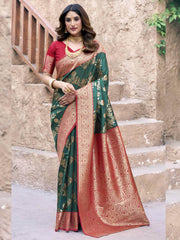 Fabulous Green Zari Weaving Silk Wedding Wear Saree With Blouse
