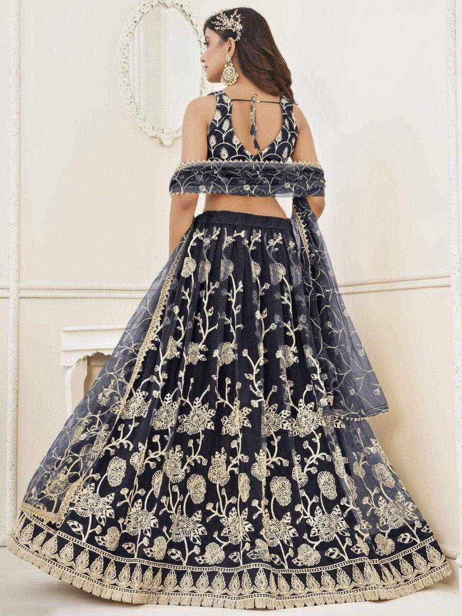 Navy blue embroidered lehenga choli with gold floral work, back view, ethnic Indian wear