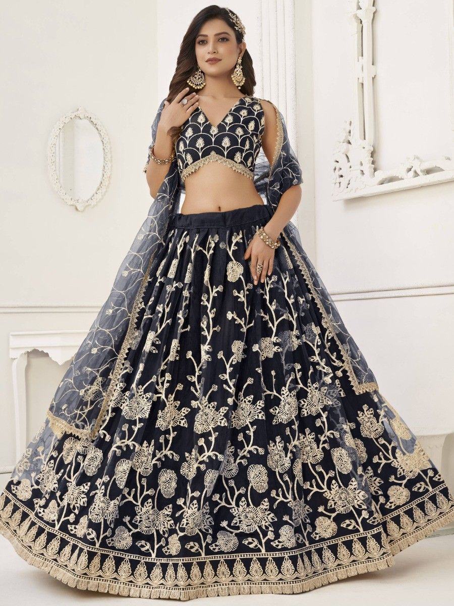 Navy blue embroidered lehenga choli with gold floral work, perfect for weddings and festive occasions