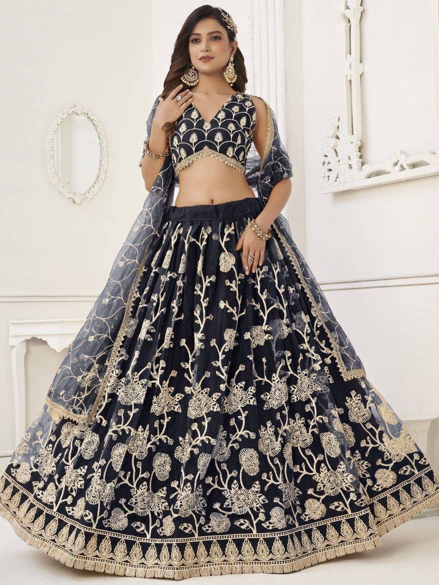 Navy blue embroidered lehenga choli with gold floral work, perfect for weddings and festive occasions