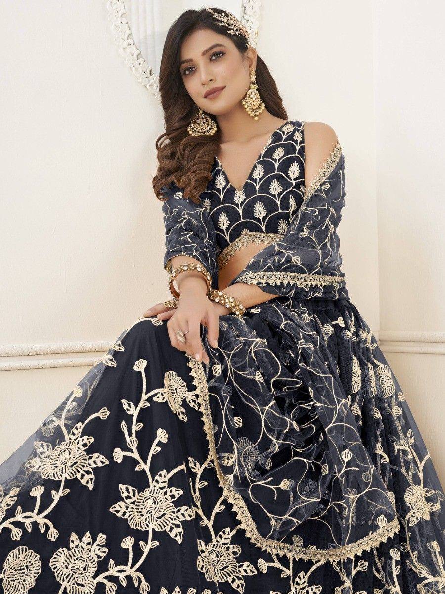 Navy blue lehenga choli with gold floral embroidery, perfect for Indian ethnic occasions
