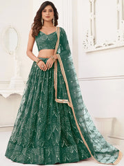 Outstanding Green Sequins Net Party Wear Lehenga Choli With Dupatta