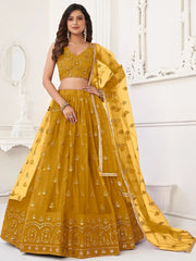 Charming Yellow Sequins Net Haldi Wear Lehenga Choli With Dupatta