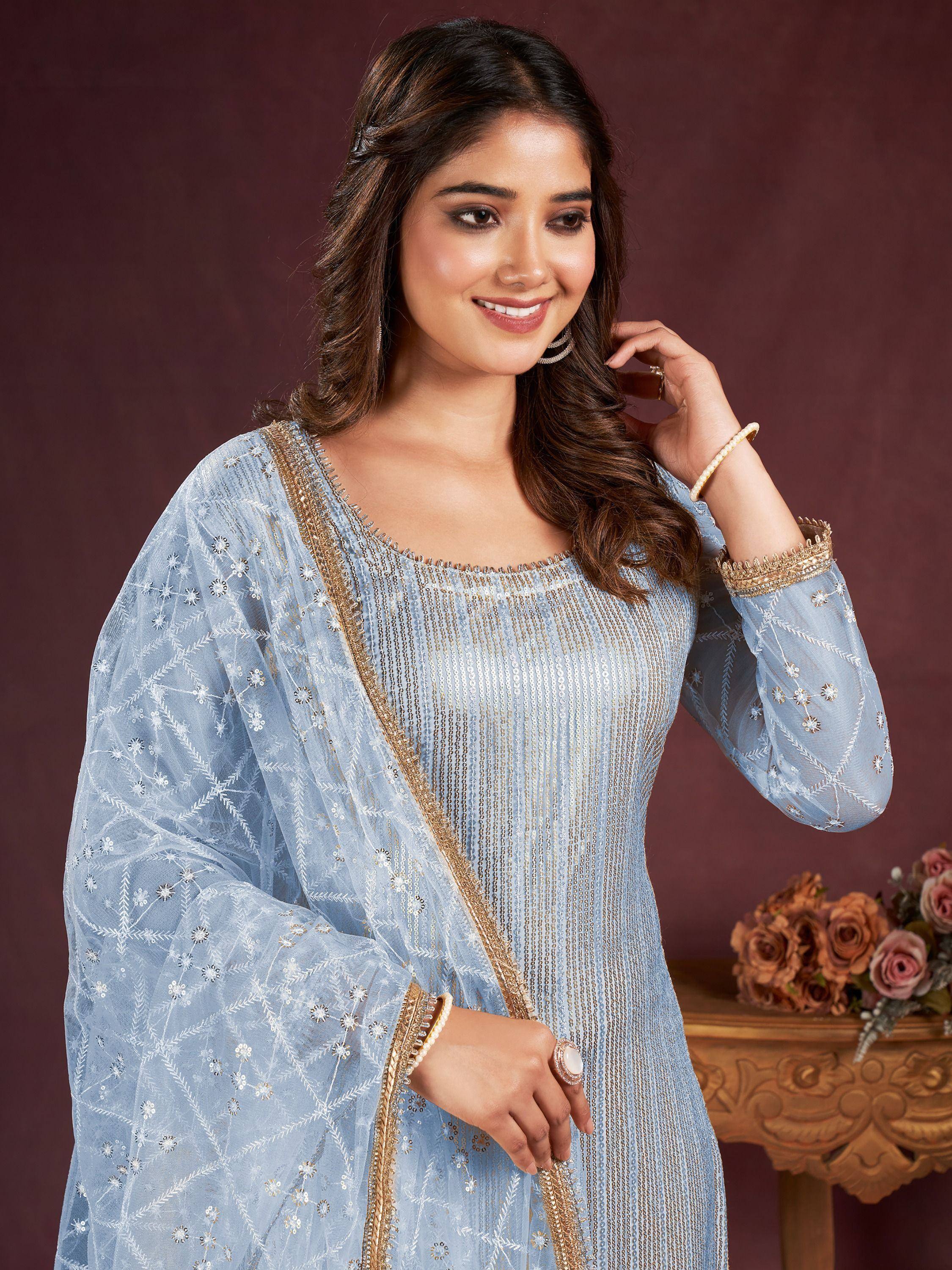 Light blue embroidered ethnic kurta with gold detailing, perfect for festive occasions and Indian wear.