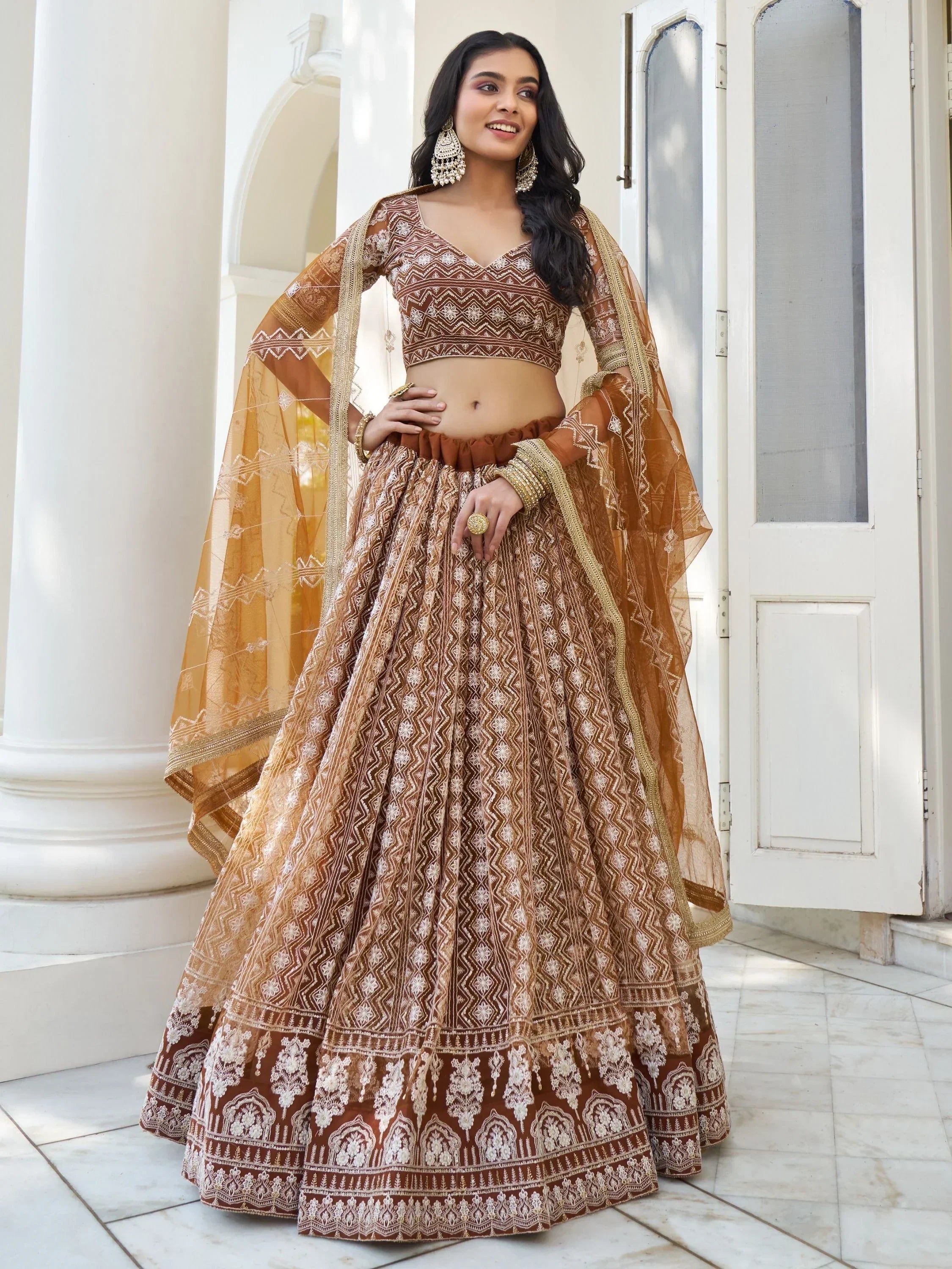 Brown embroidered lehenga choli with dupatta, Indian ethnic wear for weddings and festivals