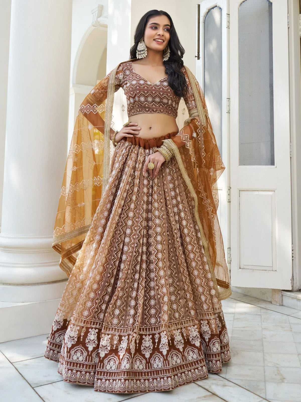 Brown embroidered lehenga choli with dupatta, Indian ethnic wear for weddings and festivals