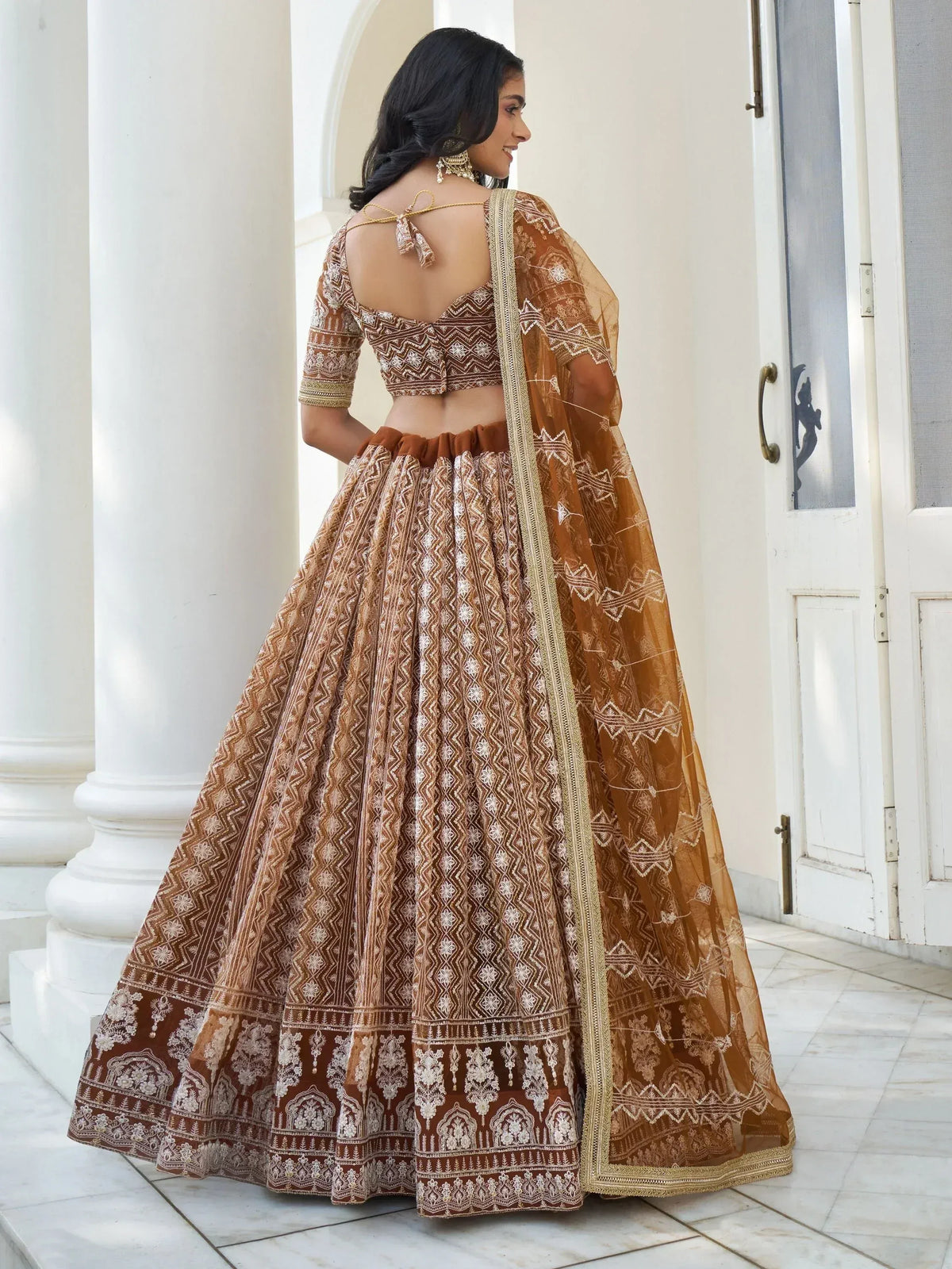Brown embroidered lehenga choli with backless blouse and dupatta, Indian ethnic wear