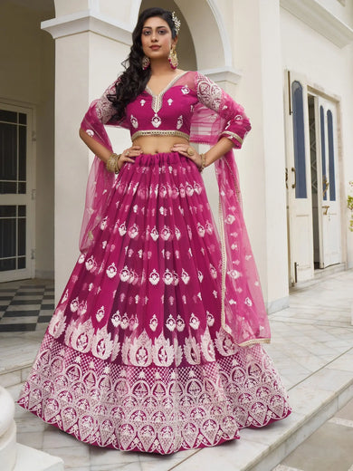 Bewitching Rani Pink Thread Work Net Sangeet Wear Lehenga Choli