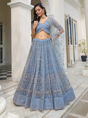 Beautiful Light Blue Thread Work Net Bridesmaid Lehenga Choli