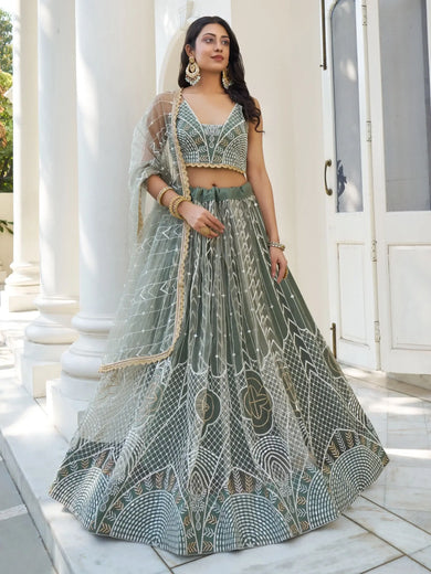 Stunning Dusty Green Thread Work Net Designer Lehenga Choli