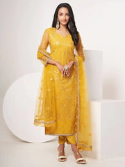 Spectacular Yellow Sequins Net Haldi Wear Salwar Kameez With Dupatta