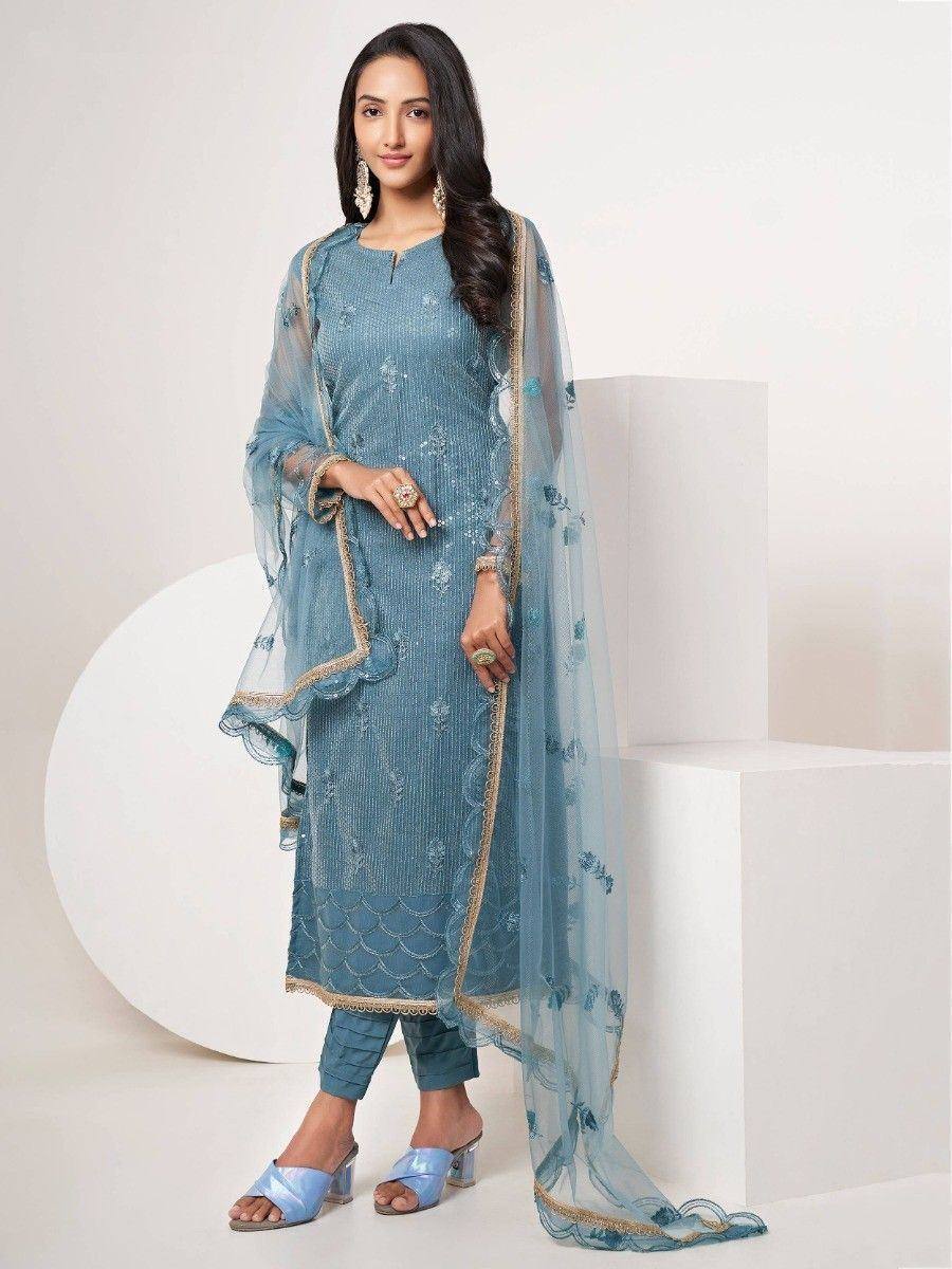 Blue embroidered salwar kameez with sheer dupatta, ethnic Indian wear for women
