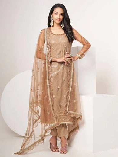 Gorgeous Brown Sequins Net Event Wear Salwar Kameez With Dupatta