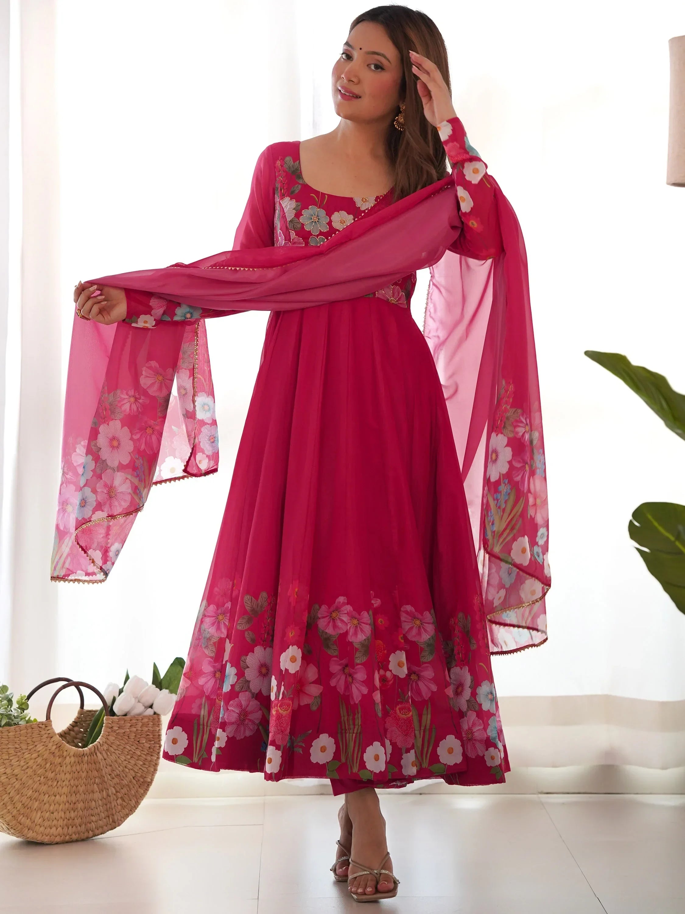 Incredible Pink Floral Printed Organza Festival Wear Anarkali Suit