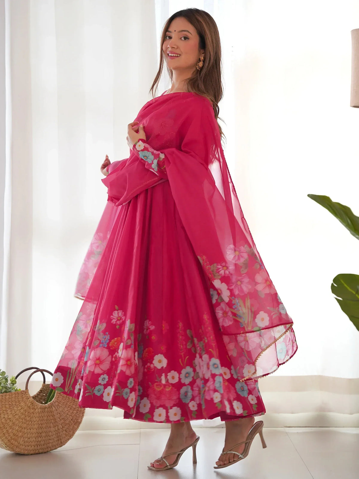 Pink floral anarkali suit with sheer dupatta, ethnic Indian wear for women