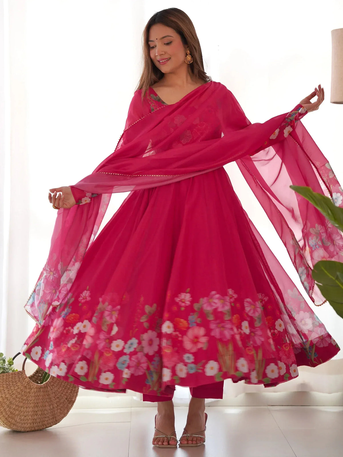 Pink floral printed Anarkali suit with matching dupatta, Indian ethnic wear for women