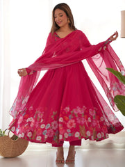 Incredible Pink Floral Printed Organza Festival Wear Anarkali Suit