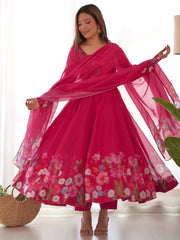 Incredible Pink Floral Printed Organza Festival Wear Anarkali Suit