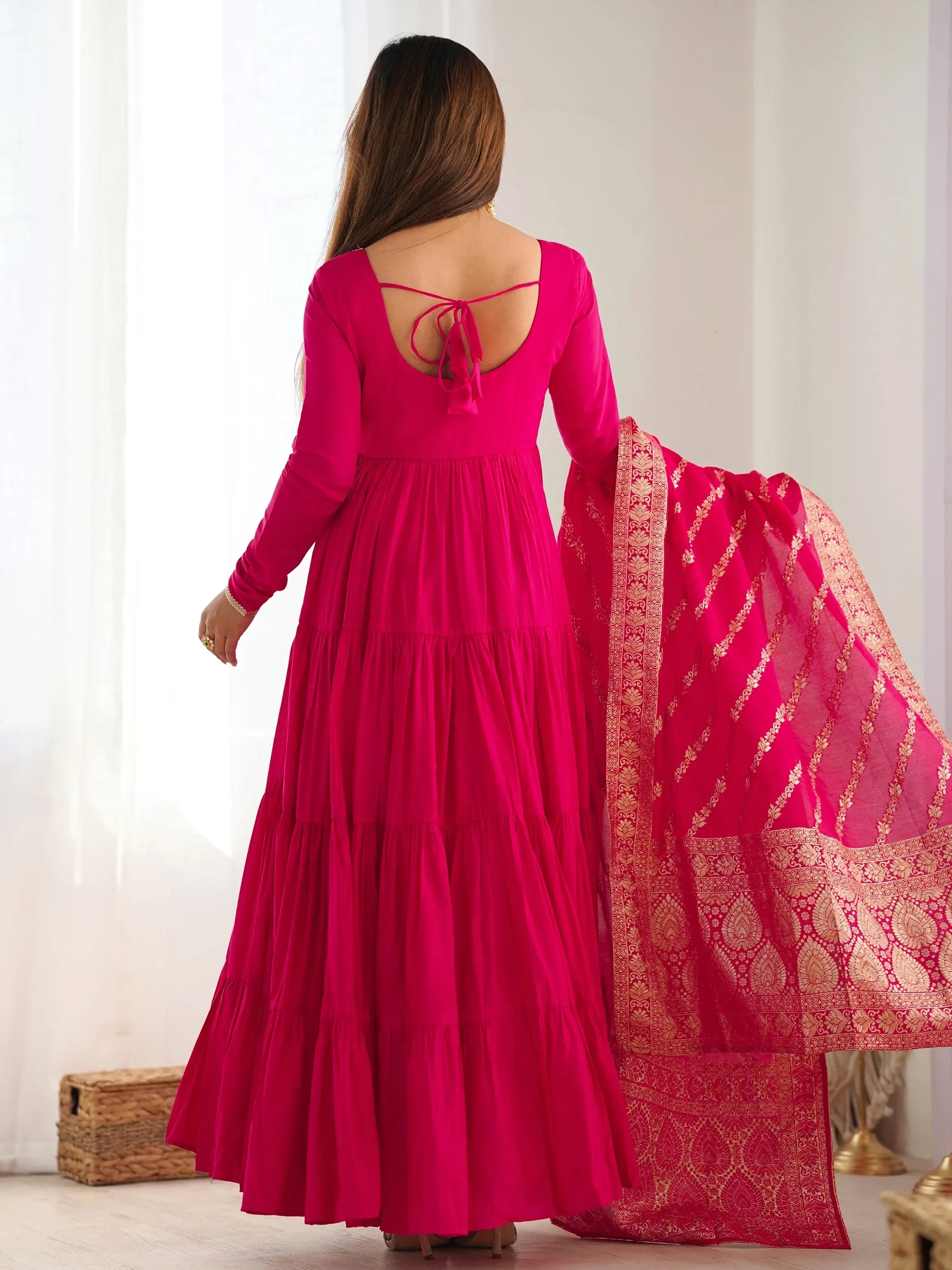 Charming Hot Pink Anarkali Suit With Banarsi Silk Dupatta