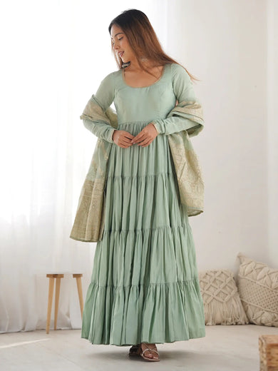 Gorgeous Pista Green Anarkali Gown With Banarasi Silk Dupatta