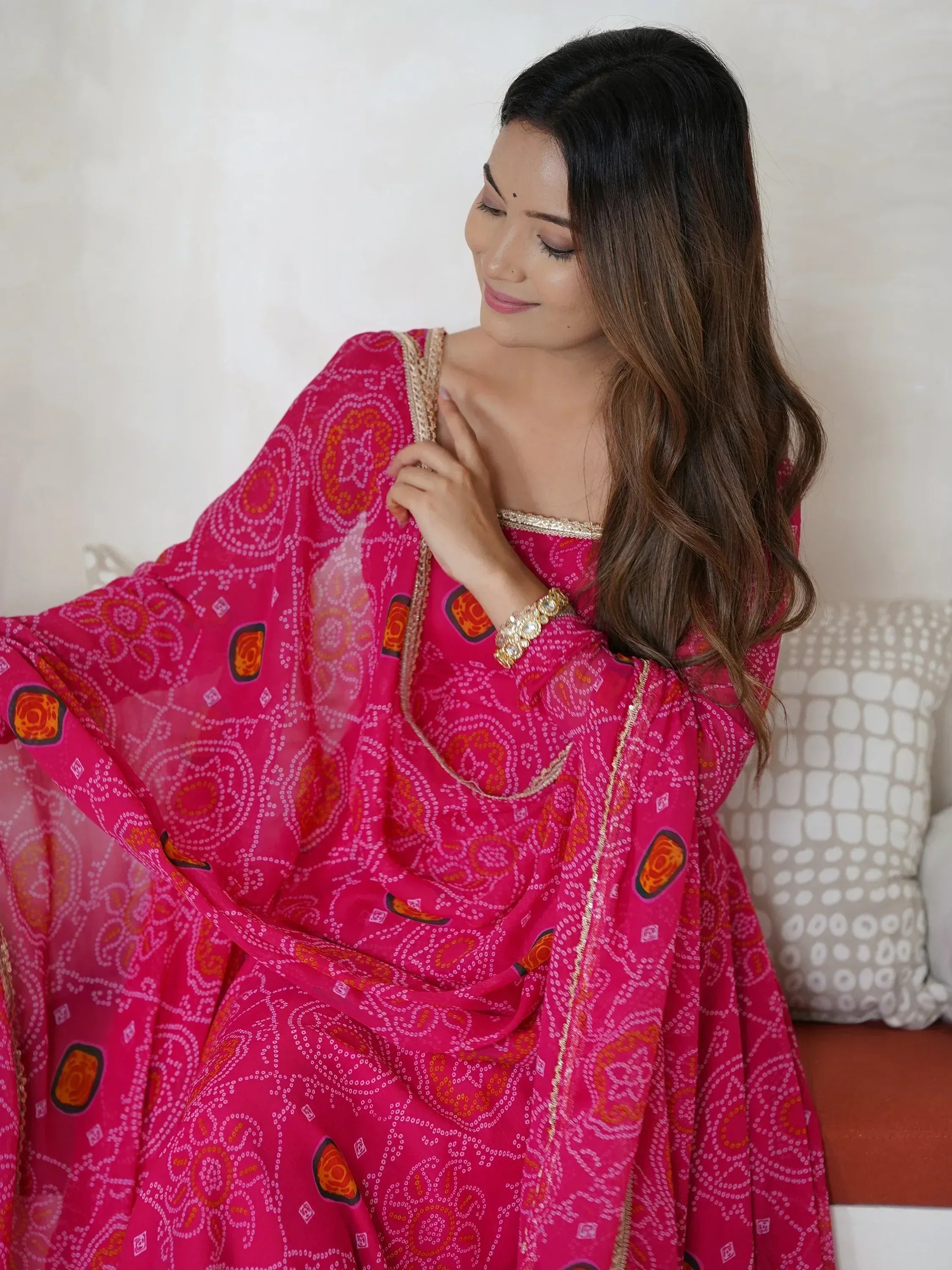 Fabulous Pink Bandhani Printed Georgette Event Wear Anarkali Suit
