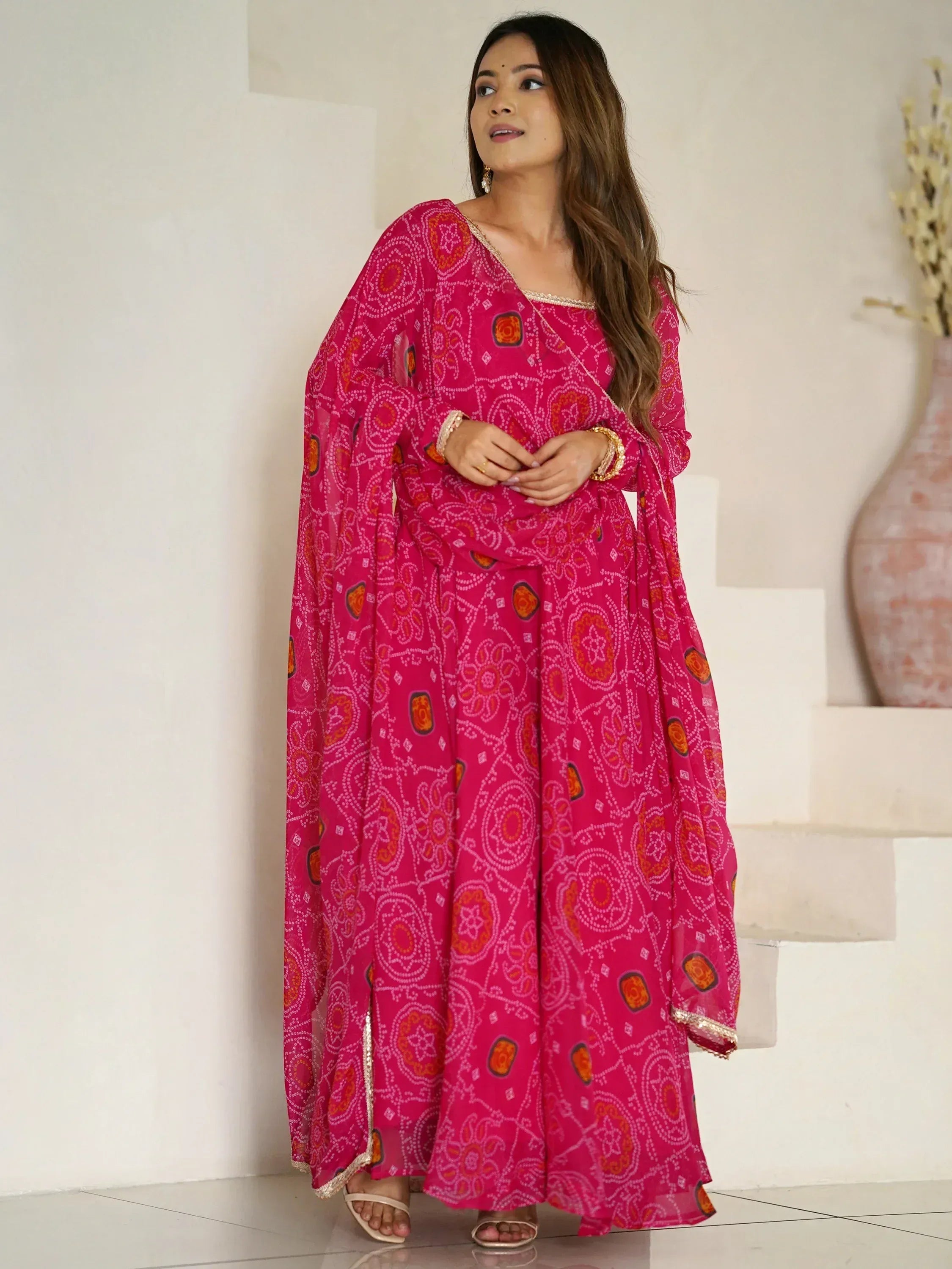 Fabulous Pink Bandhani Printed Georgette Event Wear Anarkali Suit