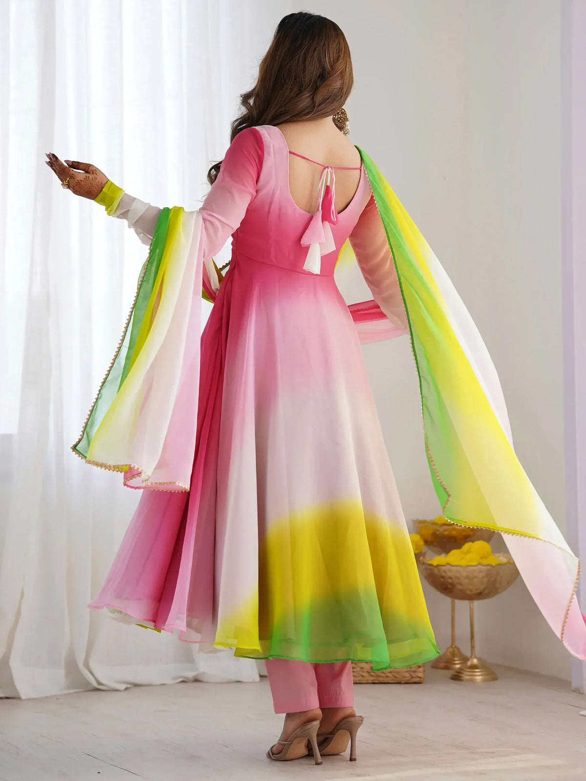 Pink ombre anarkali with green-yellow dupatta, ethnic wear for women