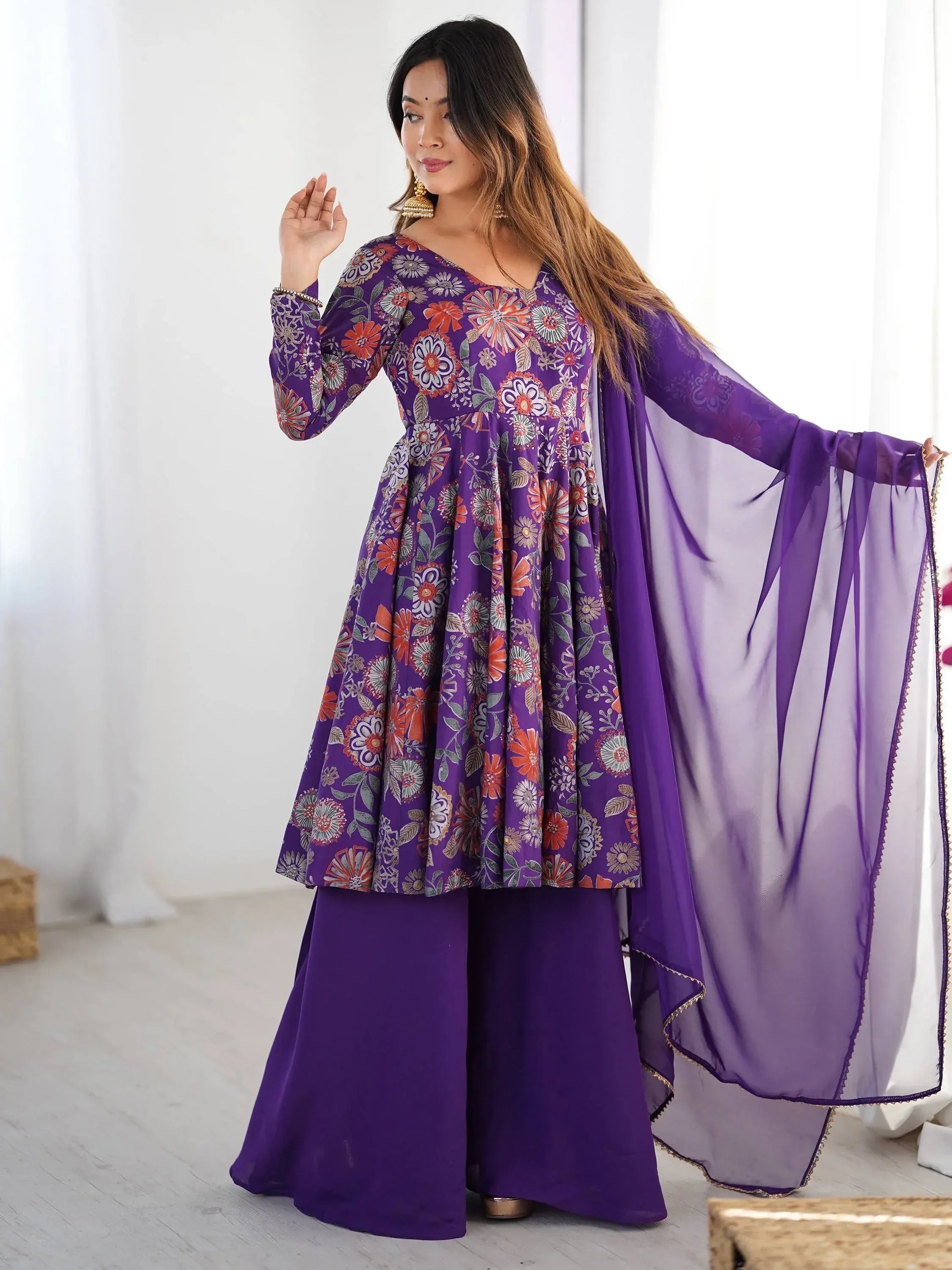 Purple floral printed ethnic gown with palazzo pants and dupatta, ideal for Indian occasions