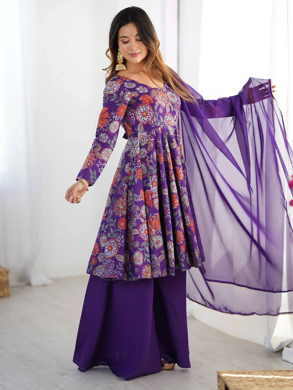 Purple floral print ethnic anarkali suit with matching dupatta and palazzo pants
