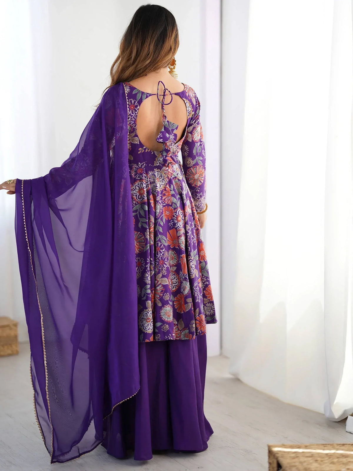 Purple floral print anarkali with back tie detail and sheer dupatta, ethnic Indian wear