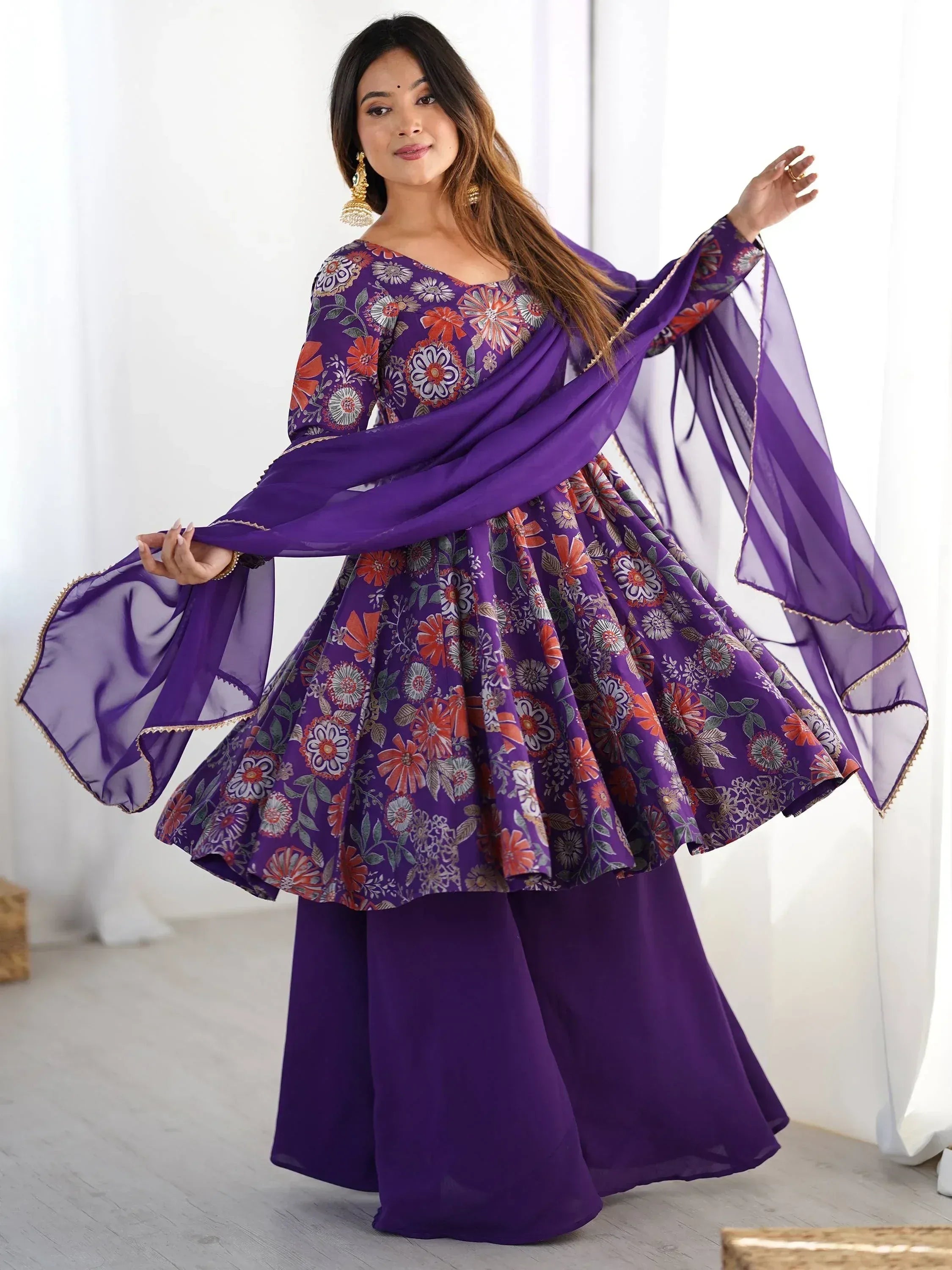 Purple floral print Indian ethnic sharara suit with dupatta, perfect for festive occasions and weddings