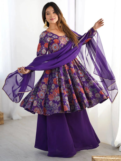 Astonishing Purple Printed Silk Festive Wear Palazzo Suit With Dupatta