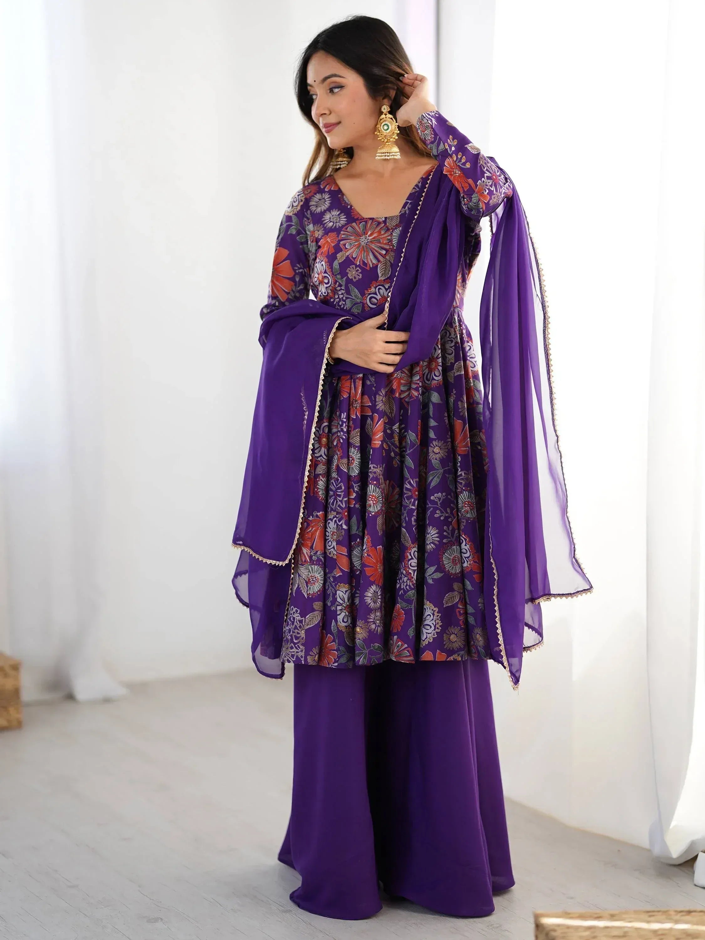 Purple floral print salwar kameez with matching dupatta, ethnic Indian wear for women