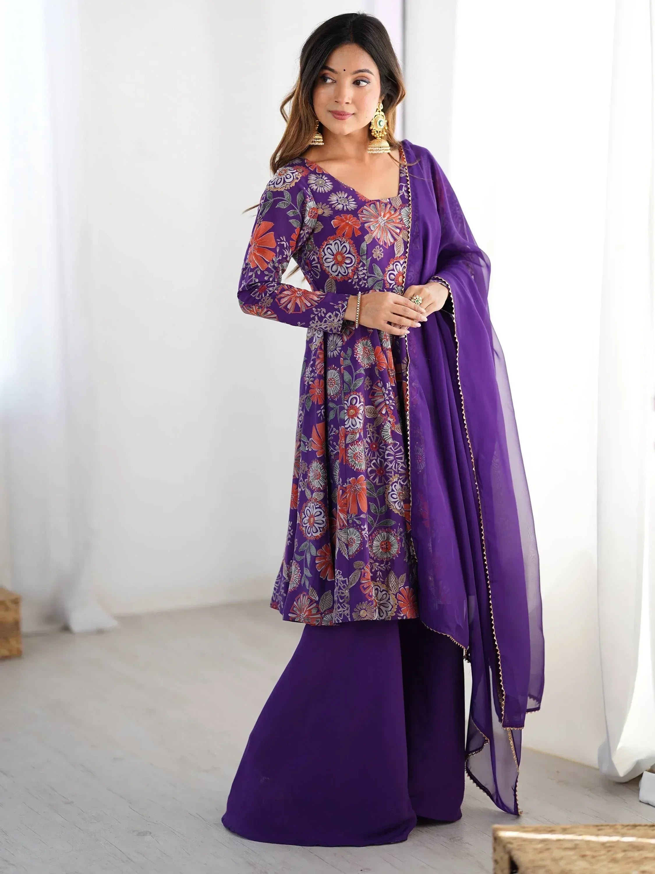 Purple floral printed ethnic salwar kameez with matching dupatta and palazzo pants