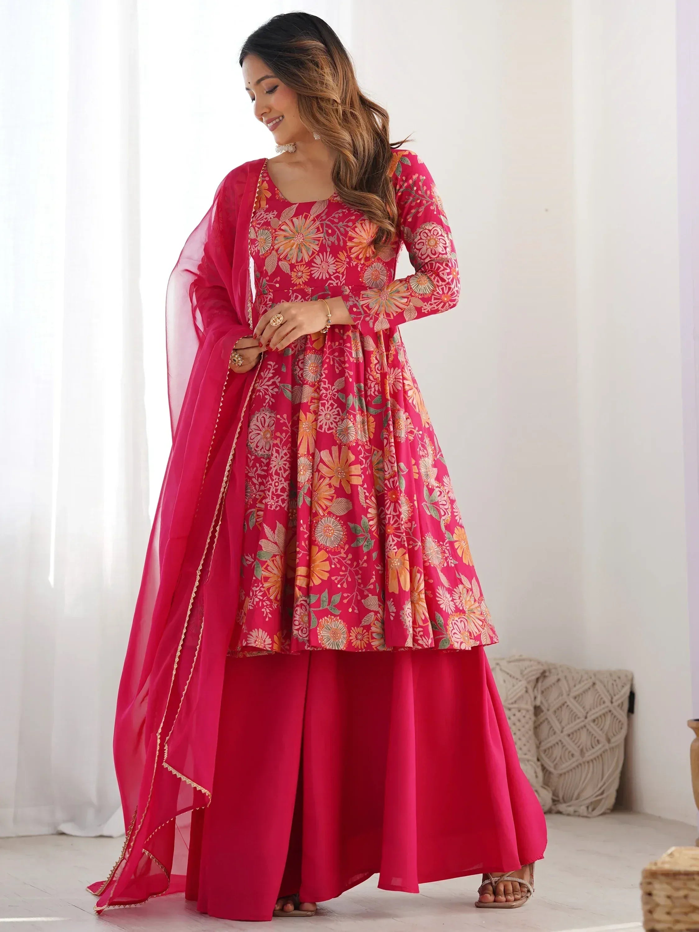 Pink floral anarkali suit with matching dupatta, Indian ethnic wear for women