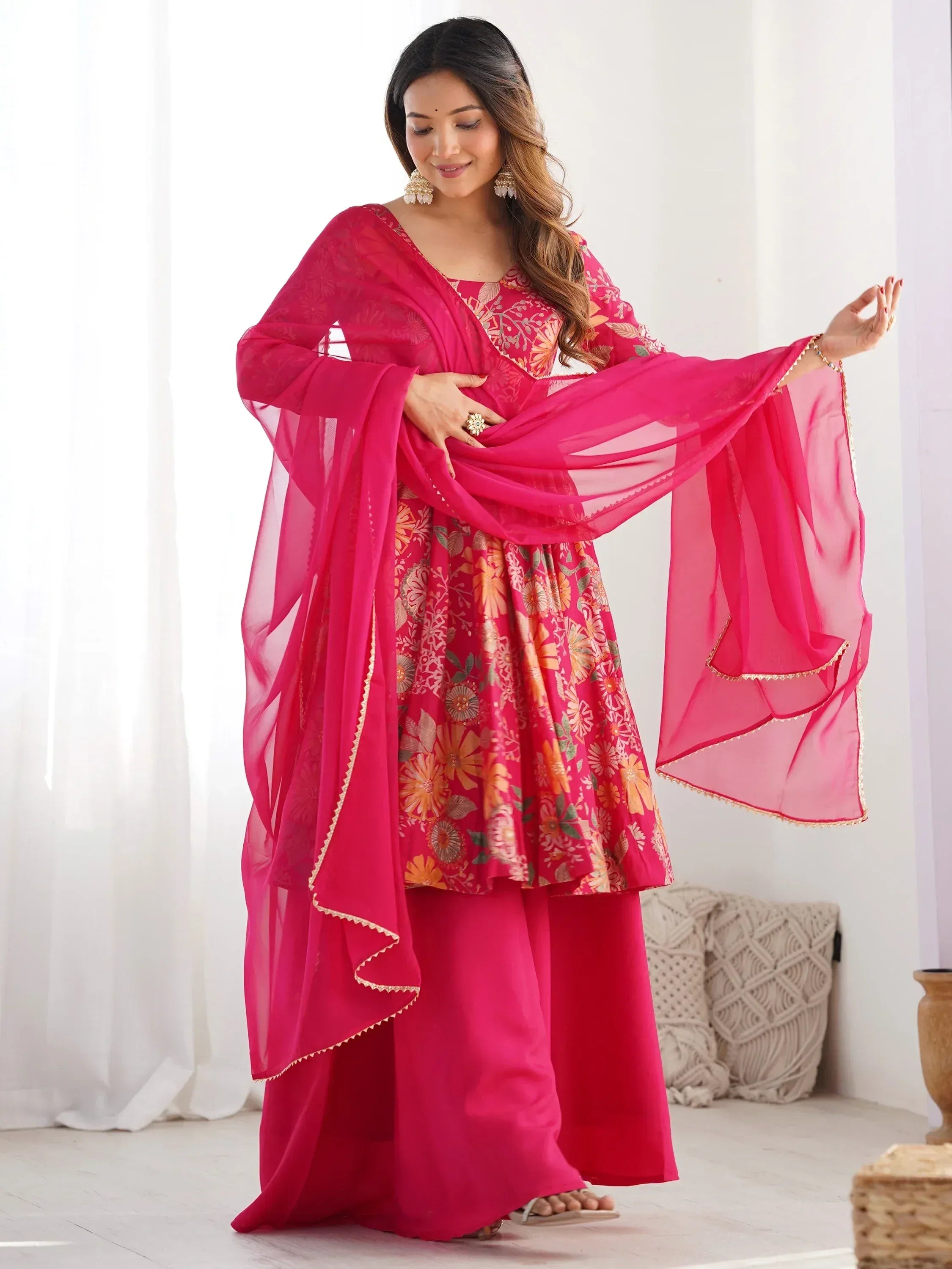 Pink floral print anarkali suit with sheer dupatta, ethnic Indian wear for women