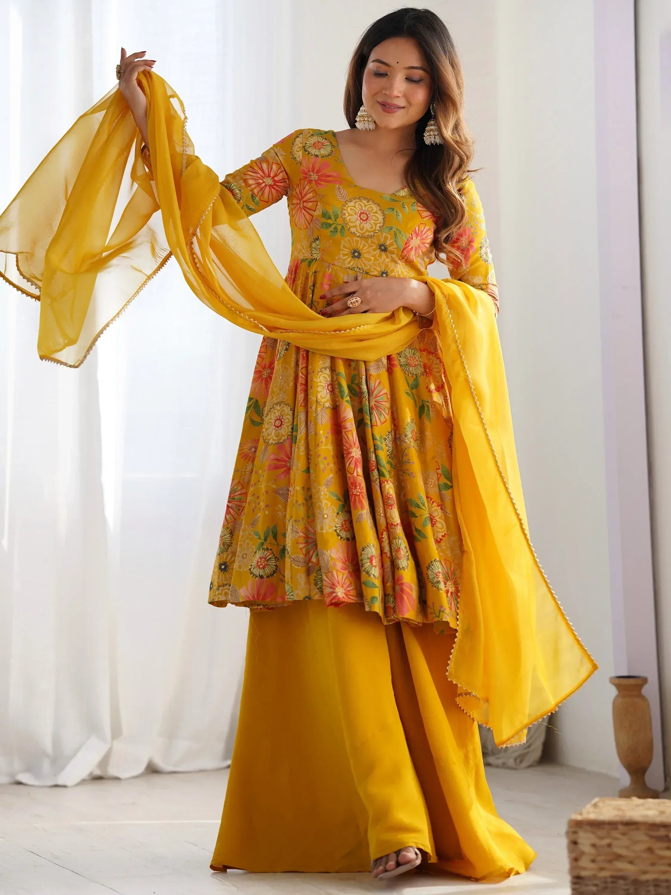 Yellow floral print Indian ethnic wear with palazzo pants and dupatta, perfect for festive occasions