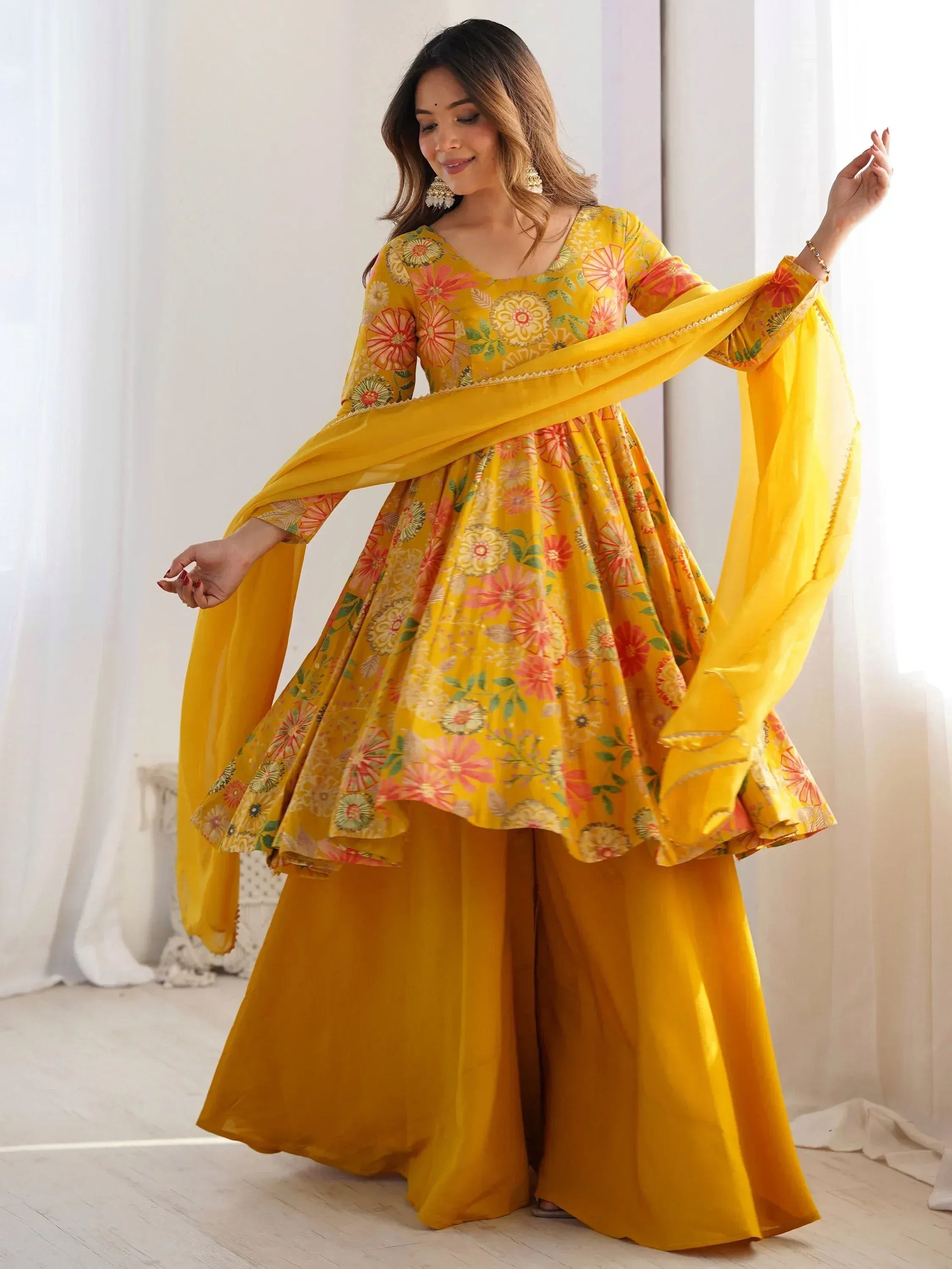 Yellow floral print anarkali suit with palazzo pants and dupatta, Indian ethnic wear