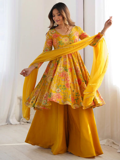 Stunning Yellow Floral Printed Silk Designer Palazzo Suit With Dupatta