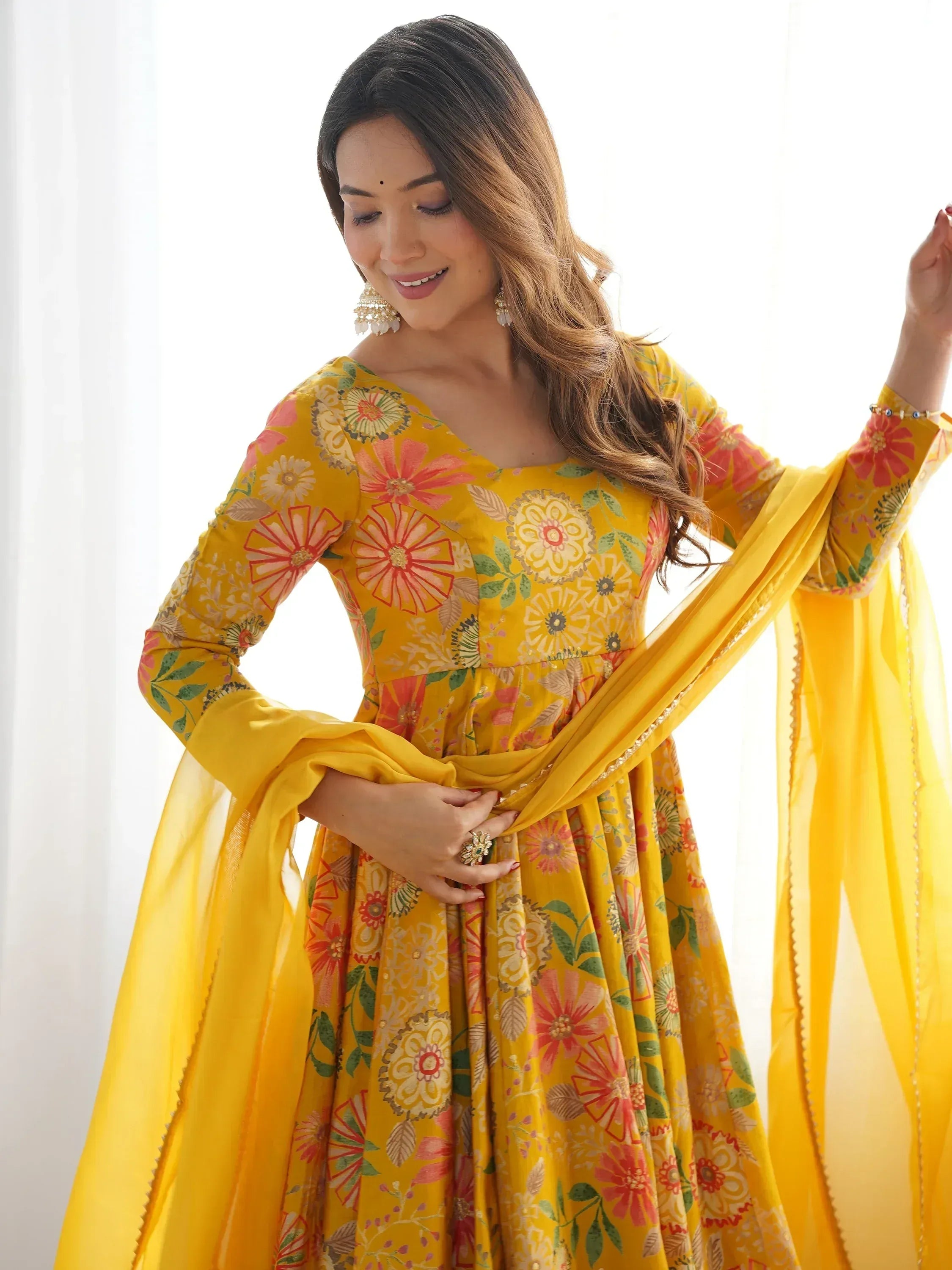 Yellow floral printed Indian anarkali suit with dupatta, ethnic wear for women